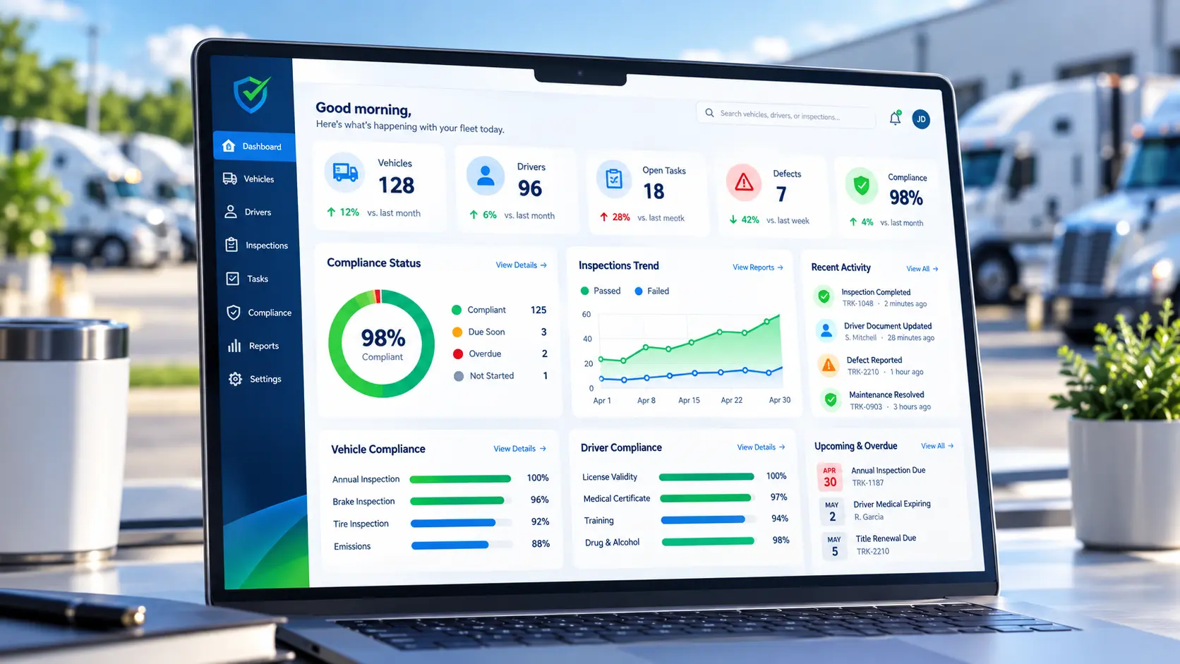 Marketing illustration of a transport dashboard in a vehicle yard